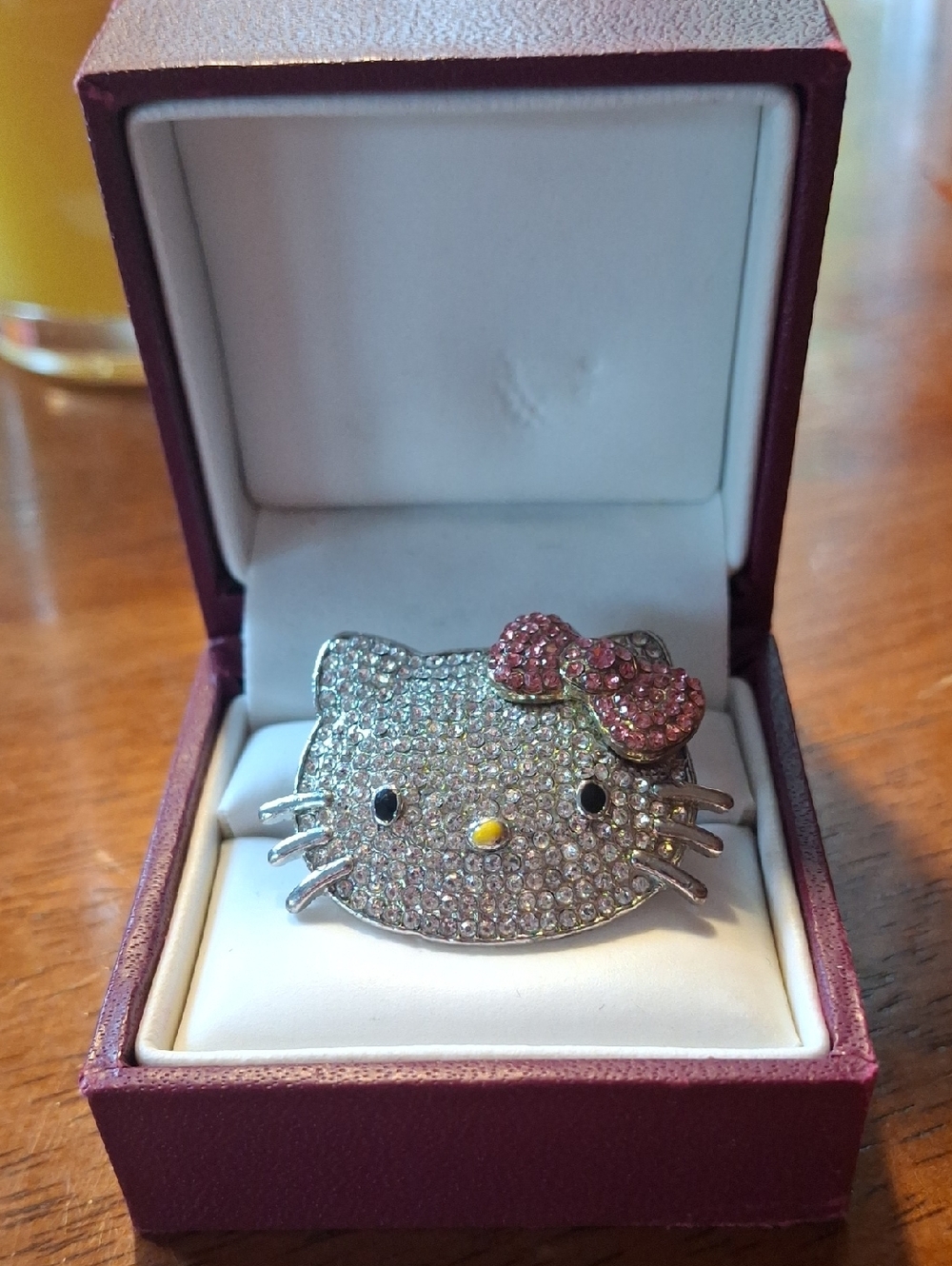 Hello Kitty Rhinestone Silver & Pink Bow Adjustable Metal Ring 2" Excellent